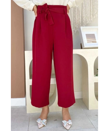 Fermuarlı Bel Bağcıklı Pantolon 0174 Bordo