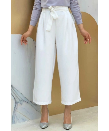 Fermuarlı Bel Bağcıklı Pantolon 0174 Ekru