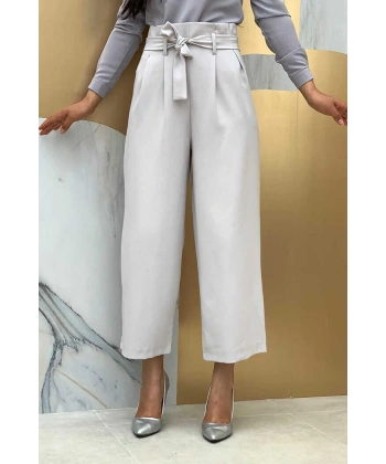 Fermuarlı Bel Bağcıklı Pantolon 0174 Gri