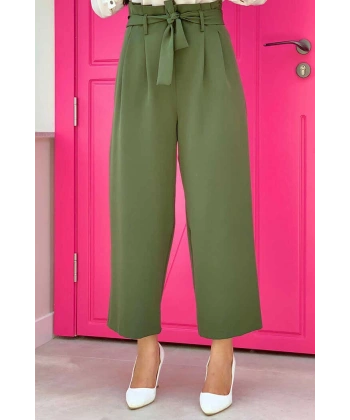 Fermuarlı Bel Bağcıklı Pantolon 0174 Haki