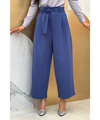 Fermuarlı Bel Bağcıklı Pantolon 0174 İndigo