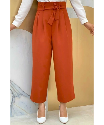 Fermuarlı Bel Bağcıklı Pantolon 0174 Kiremit