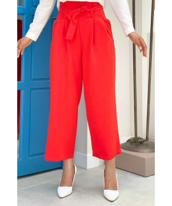 Fermuarlı Bel Bağcıklı Pantolon 0174 Kırmızı