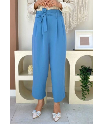 Fermuarlı Bel Bağcıklı Pantolon 0174 Mavi