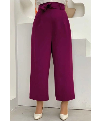 Fermuarlı Bel Bağcıklı Pantolon 0174 Mor