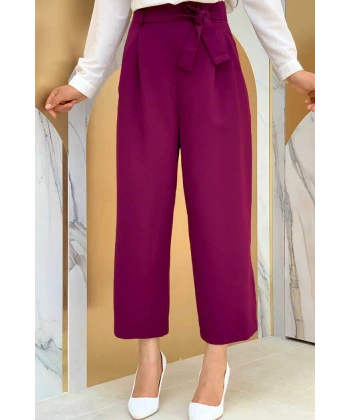 Fermuarlı Bel Bağcıklı Pantolon 0174 Mürdüm