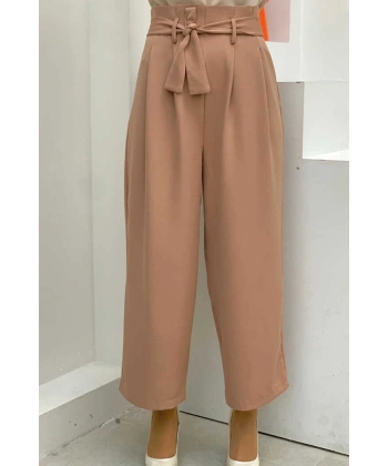 Fermuarlı Bel Bağcıklı Pantolon 0174 Taba