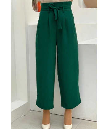 Fermuarlı Bel Bağcıklı Pantolon 0174 Zümrüt