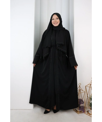 Fırfır Taşlı Detaylı Şallı Abaya 9204 Siyah