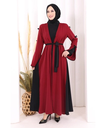 Fiyonk Detaylı Abaya Elbise Takım 3955 Bordo