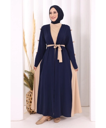 Fiyonk Detaylı Abaya Elbise Takım 3955 Lacivert