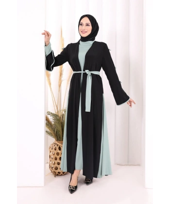 Fiyonk Detaylı Abaya Elbise Takım 3955 Siyah-Mint
