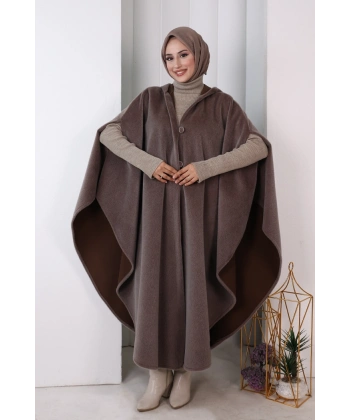 Foks Kumaş Kapşonlu Panço 70130 DUMAN