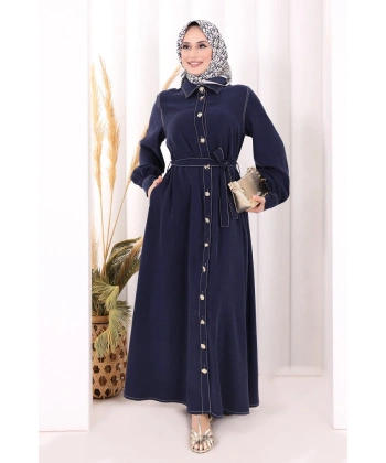 Gold Düğmeli Elbise 7065 Lacivert