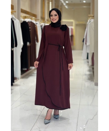 Gül Detaylı Elbise 3976 Bordo