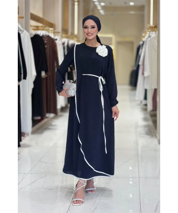 Gül Detaylı Elbise 3976 Lacivert
