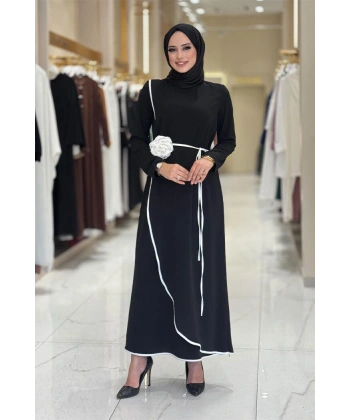 Gül Detaylı Elbise 3976 Siyah