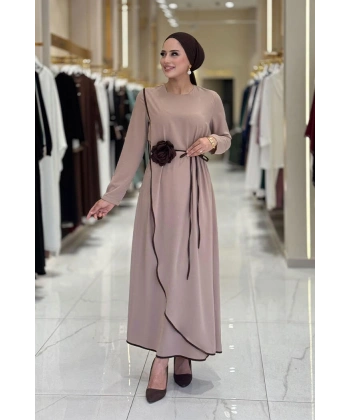 Gül Detaylı Elbise 3976 Vizon