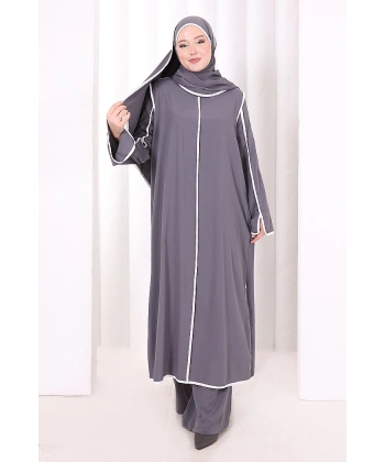 Hac Umre Biyeli Pantolonlu Tunik Takım ŞAL HEDİYE 8001 Füme