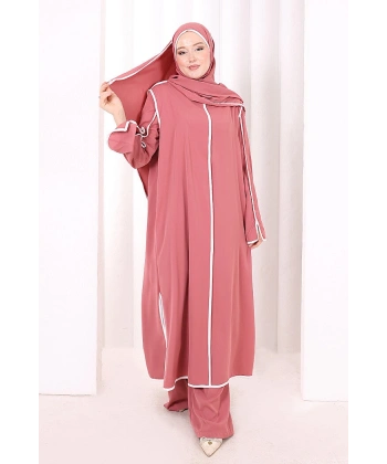 Hac Umre Biyeli Pantolonlu Tunik Takım ŞAL HEDİYE 8001 Gül Kurusu