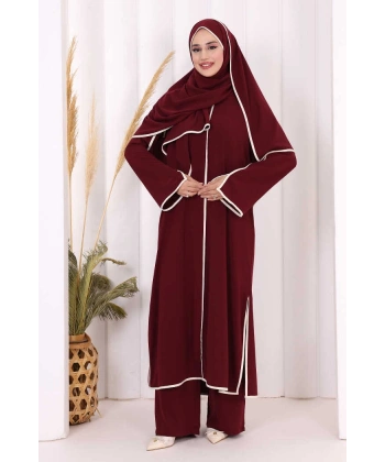 Hac Umre Biyeli Pantolonlu Tunik Takım ŞAL HEDİYE 8001 Mürdüm