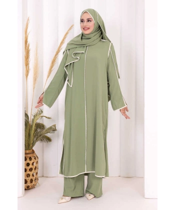 Hac Umre Biyeli Pantolonlu Tunik Takım ŞAL HEDİYE 8001 Yeşil