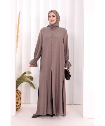 Hac  Umre Takım Önü Düğmeli Tunik,Pantolon  ŞAL  HEDİYE  8014 Duman
