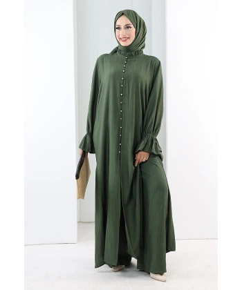 Hac  Umre Takım Önü Düğmeli Tunik,Pantolon  ŞAL  HEDİYE  8014 Haki
