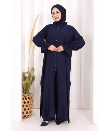 Hac  Umre Takım Önü Düğmeli Tunik,Pantolon  ŞAL  HEDİYE  8014 Lacivert