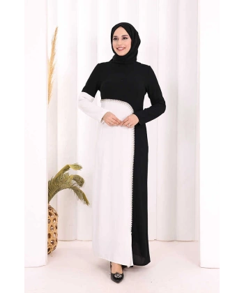 İki Renkli İnci Detaylı Elbise 3865 Siyah