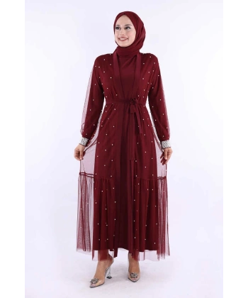 İncili Abaya Ve Elbise Takım 8491 Bordo