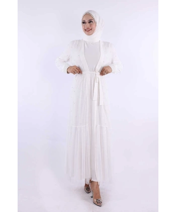 İncili Abaya Ve Elbise Takım 8491 Ekru