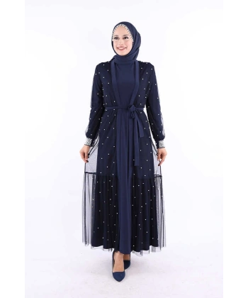 İncili Abaya Ve Elbise Takım 8491 Lacivert