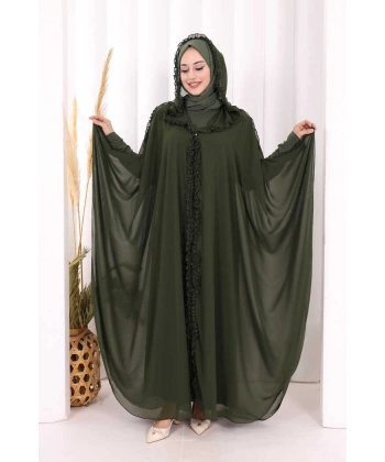 Kapişonlu Abayalı Elbise Takım 3778 Haki