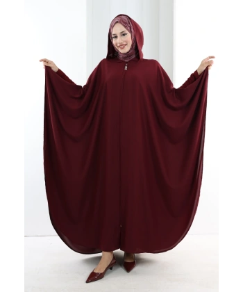 Kapşonlu Fermuarlı Pelerin 7078 Bordo
