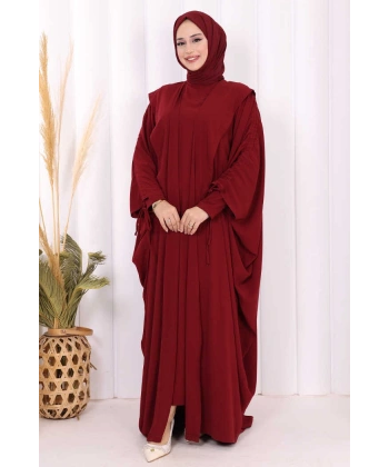 Kapüşonlu Abaya ve  Elbise İkili Takım 70013 Bordo