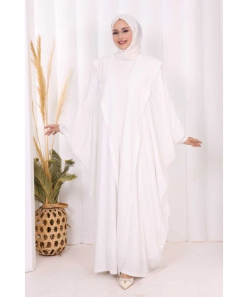 Kapüşonlu Abaya ve  Elbise İkili Takım 70013 Ekru