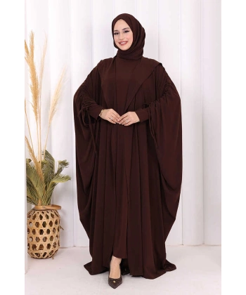 Kapüşonlu Abaya ve  Elbise İkili Takım 70013 Kahverengi
