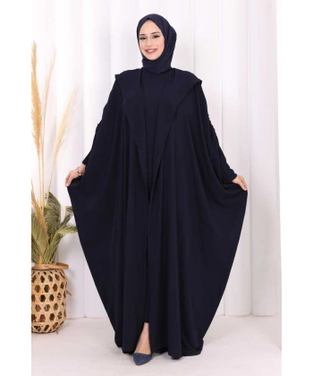 Kapüşonlu Abaya ve  Elbise İkili Takım 70013 Lacivert