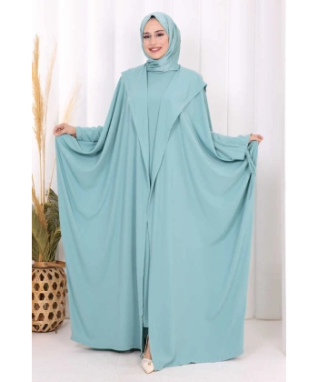 Kapüşonlu Abaya ve  Elbise İkili Takım 70013 Mint