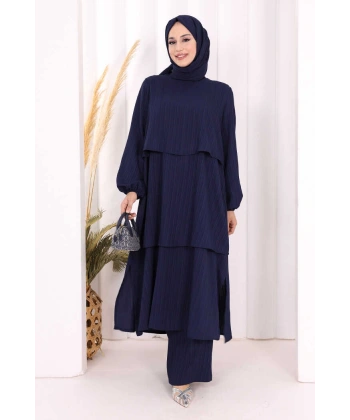 Kat Detaylı Tunik Pantolon Takım ŞAL HEDİYE! 8017 Lacivert