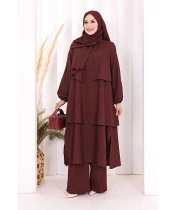 Kat Detaylı Tunik Pantolon Takım ŞAL HEDİYE! 8017 Mürdüm