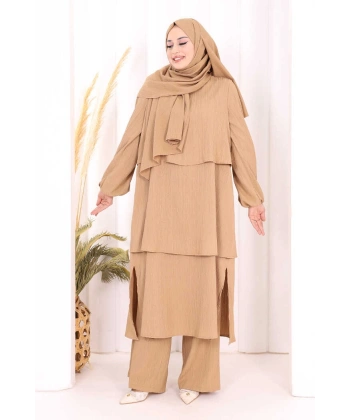 Kat Detaylı Tunik Pantolon Takım ŞAL HEDİYE! 8017 Taba