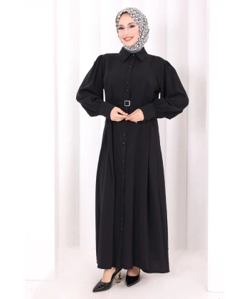 Kemerli Kloş Elbise 7073 Siyah