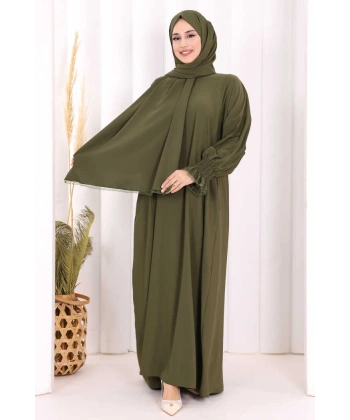 Kendinden Şallı Namaz  Elbisesi 8007 Haki