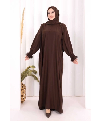 Kendinden Şallı Namaz  Elbisesi 8007 Kahverengi