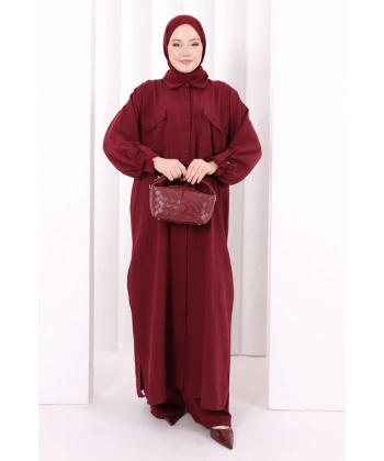 Keten Düğmeli Tunik Pantolon Takım 8015 Bordo