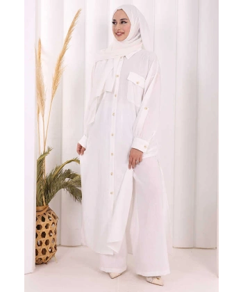 Keten Düğmeli Tunik Pantolon Takım 8015 Ekru
