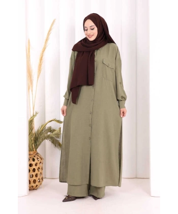 Keten Düğmeli Tunik Pantolon Takım 8015 Haki