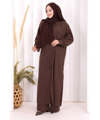 Keten Düğmeli Tunik Pantolon Takım 8015 Kahverengi